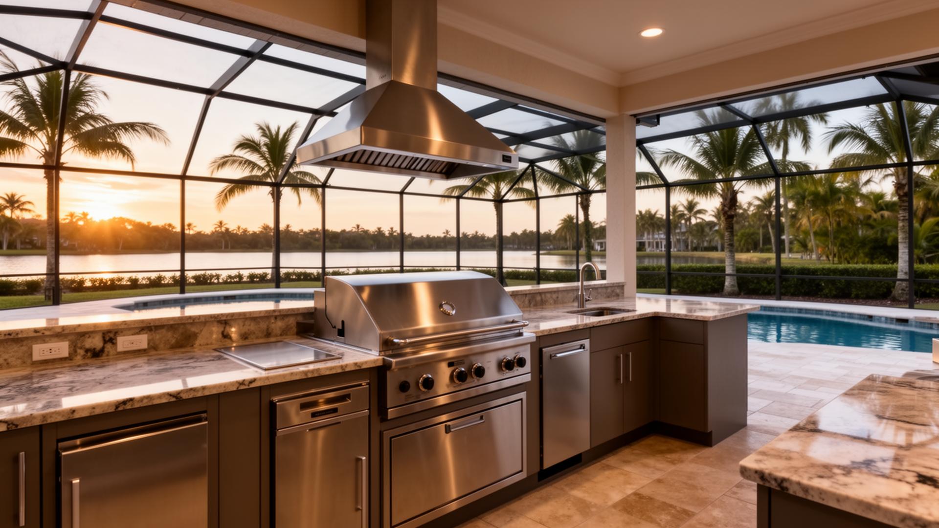 Custom outdoor kitchen with built-in grill and stainless hood overlooking a Florida lake at sunset